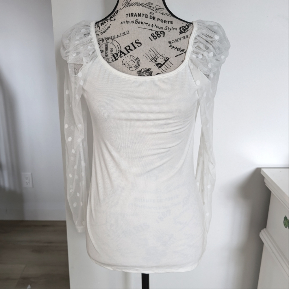 FOR G AND PL | Women's White Long Mesh Polka Dot Sleeved  Fitted Top